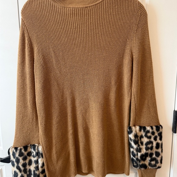 MICHAEL Michael Kors Camel Crewneck Sweater with Leopard Cuffs - Picture 4 of 5